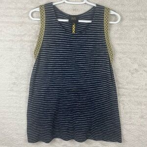 Anthropologie W5 Blue Tank Top Medium yellow boho trim